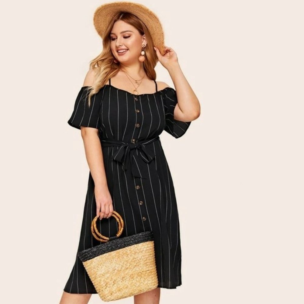 Shein Plus Button Self Belted Striped Dress